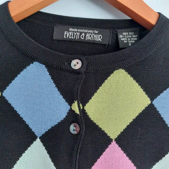 Cardigan Sweater Black Argyle Large Long Sleeves Colorful Preppy Classy Silk EUC - Picture 7 of 12